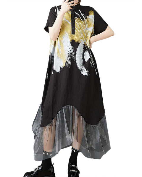 ellazhu Women's Dress Printed Short Sleeve Button Up Patchwork Tulle Irregular Hem Fashion Casual Loose Plus Size Maxi GZ591 Printed