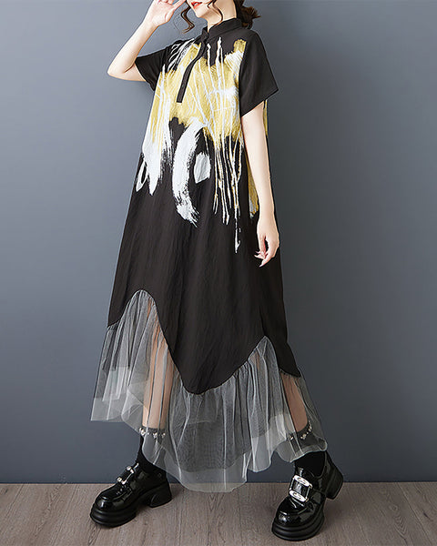 ellazhu Women's Dress Printed Short Sleeve Button Up Patchwork Tulle Irregular Hem Fashion Casual Loose Plus Size Maxi GZ591 Printed