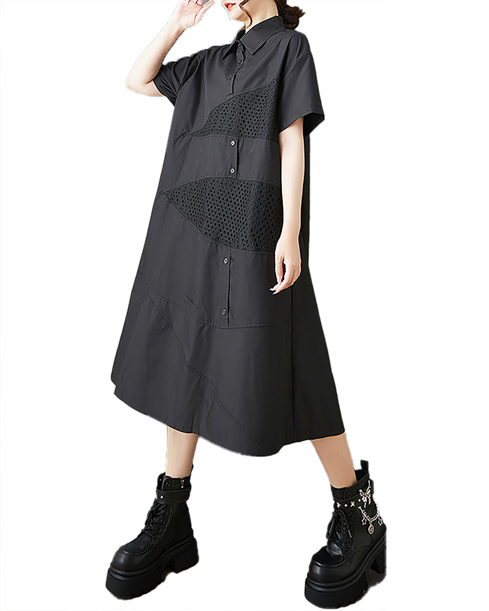 ellazhu Women's Dress Short Sleeve Lapel Button Down Solid Patchwork Tulle Plus Size Casual Fashion Loose Maxi GZ592 Black