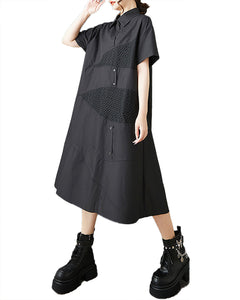 ellazhu Women's Dress Short Sleeve Lapel Button Down Solid Patchwork Tulle Plus Size Casual Fashion Loose Maxi GZ592 Black