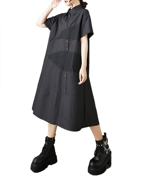 ellazhu Women's Dress Short Sleeve Lapel Button Down Solid Patchwork Tulle Plus Size Casual Fashion Loose Maxi GZ592 Black