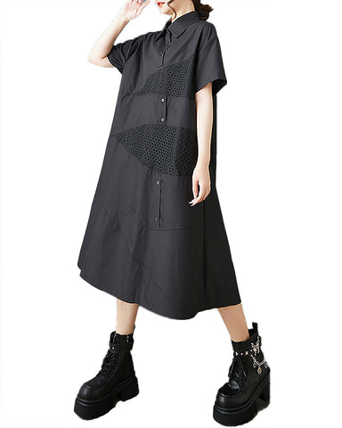 ellazhu Women's Dress Short Sleeve Lapel Button Down Solid Patchwork Tulle Plus Size Casual Fashion Loose Maxi GZ592 Black