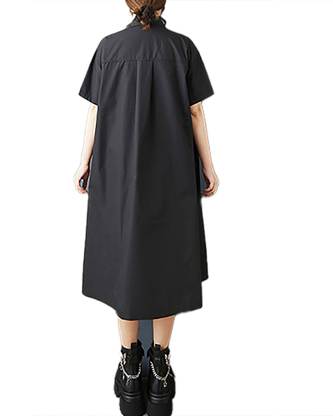 ellazhu Women's Dress Short Sleeve Lapel Button Down Solid Patchwork Tulle Plus Size Casual Fashion Loose Maxi GZ592 Black