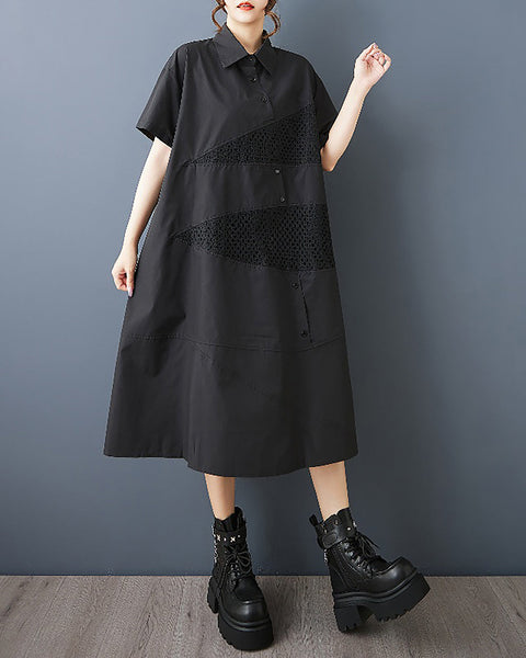 ellazhu Women's Dress Short Sleeve Lapel Button Down Solid Patchwork Tulle Plus Size Casual Fashion Loose Maxi GZ592 Black