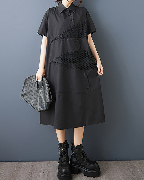 ellazhu Women's Dress Short Sleeve Lapel Button Down Solid Patchwork Tulle Plus Size Casual Fashion Loose Maxi GZ592 Black