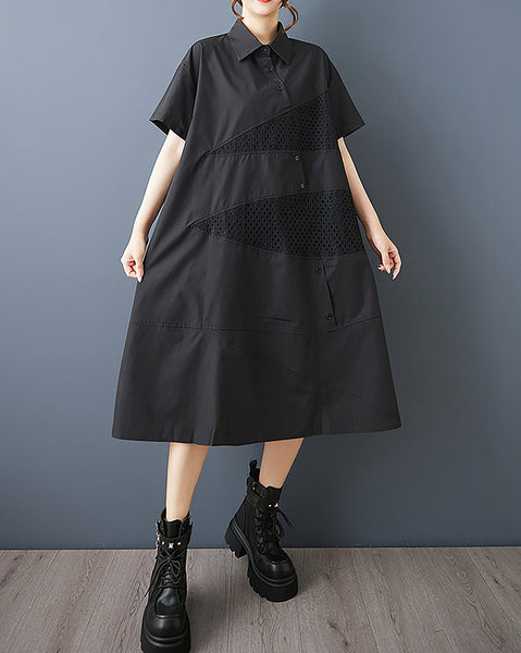 ellazhu Women's Dress Short Sleeve Lapel Button Down Solid Patchwork Tulle Plus Size Casual Fashion Loose Maxi GZ592 Black