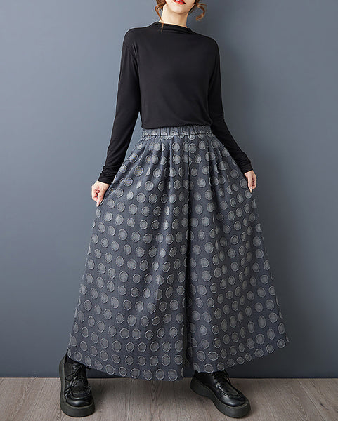 ellazhu Women's Pants Solid Polk Dot Two Side Pockets Wide Leg Elastic Waist Fashion Casual Plus Size Maxi Loose GZ593 Blue