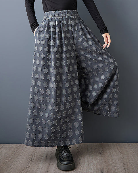 ellazhu Women's Pants Solid Polk Dot Two Side Pockets Wide Leg Elastic Waist Fashion Casual Plus Size Maxi Loose GZ593 Blue