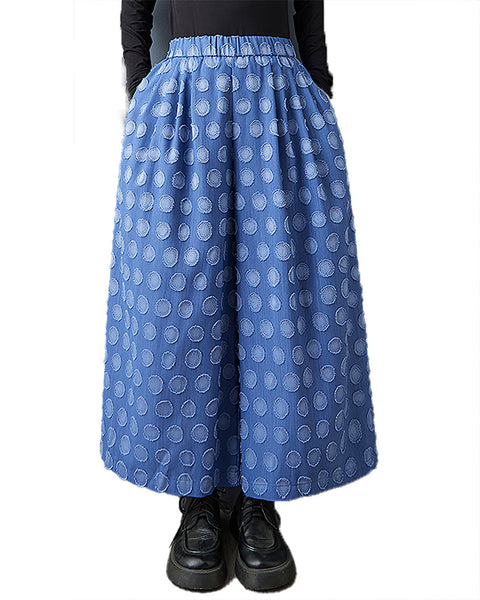 ellazhu Women's Pants Solid Polk Dot Two Side Pockets Wide Leg Elastic Waist Fashion Casual Plus Size Maxi Loose GZ593 Blue
