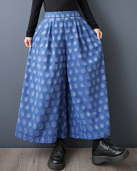 ellazhu Women's Pants Solid Polk Dot Two Side Pockets Wide Leg Elastic Waist Fashion Casual Plus Size Maxi Loose GZ593 Blue