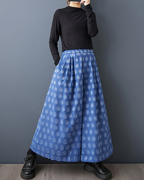 ellazhu Women's Pants Solid Polk Dot Two Side Pockets Wide Leg Elastic Waist Fashion Casual Plus Size Maxi Loose GZ593 Blue