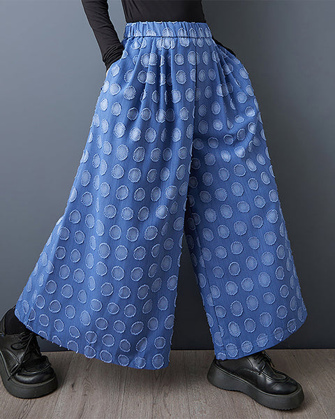 ellazhu Women's Pants Solid Polk Dot Two Side Pockets Wide Leg Elastic Waist Fashion Casual Plus Size Maxi Loose GZ593 Blue