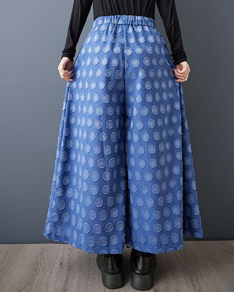 ellazhu Women's Pants Solid Polk Dot Two Side Pockets Wide Leg Elastic Waist Fashion Casual Plus Size Maxi Loose GZ593 Blue