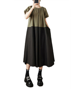 ellazhu Women's Dress Patchwork Short Puffed Sleeve Crewneck Two Side Pockets Plus Size Casual Fashion Maxi GZ594