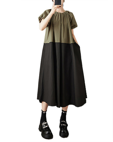 ellazhu Women's Dress Patchwork Short Puffed Sleeve Crewneck Two Side Pockets Plus Size Casual Fashion Maxi GZ594