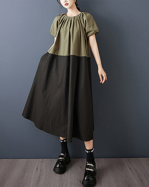 ellazhu Women's Dress Patchwork Short Puffed Sleeve Crewneck Two Side Pockets Plus Size Casual Fashion Maxi GZ594