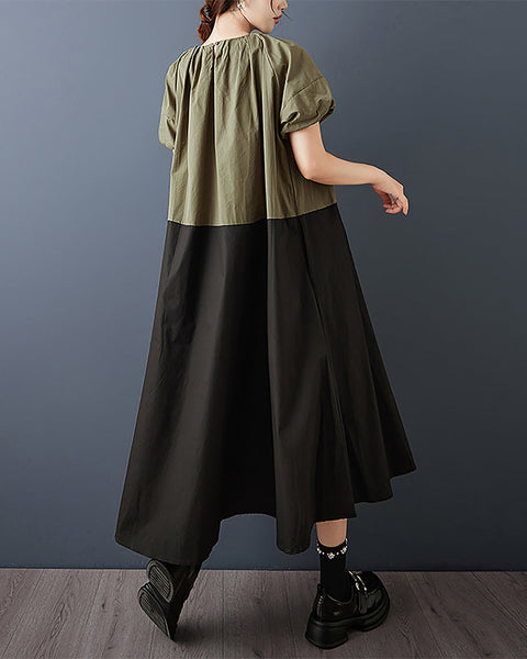 ellazhu Women's Dress Patchwork Short Puffed Sleeve Crewneck Two Side Pockets Plus Size Casual Fashion Maxi GZ594