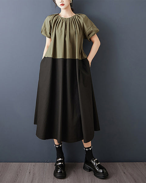 ellazhu Women's Dress Patchwork Short Puffed Sleeve Crewneck Two Side Pockets Plus Size Casual Fashion Maxi GZ594