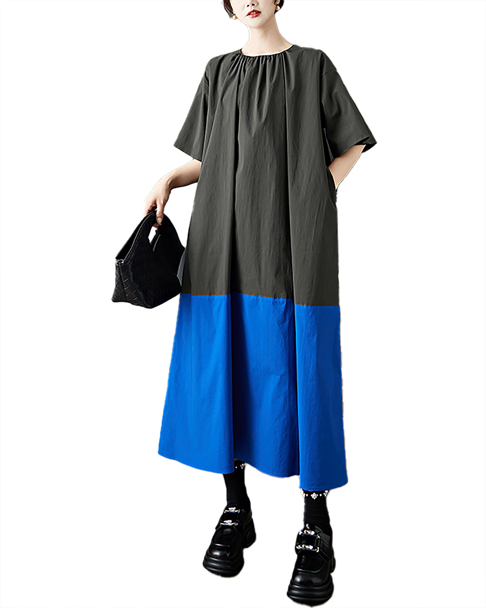 ellazhu Women's Dress Short Puffed Sleeve Patchwork Crewneck Two Side Pockets Tie-Neck Pus Size Casual Fashion Loose GZ595