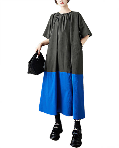 ellazhu Women's Dress Short Puffed Sleeve Patchwork Crewneck Two Side Pockets Tie-Neck Pus Size Casual Fashion Loose GZ595