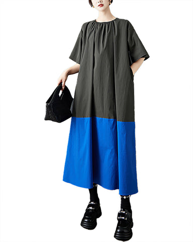 ellazhu Women's Dress Short Puffed Sleeve Patchwork Crewneck Two Side Pockets Tie-Neck Pus Size Casual Fashion Loose GZ595