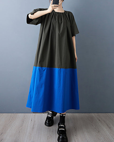 ellazhu Women's Dress Short Puffed Sleeve Patchwork Crewneck Two Side Pockets Tie-Neck Pus Size Casual Fashion Loose GZ595