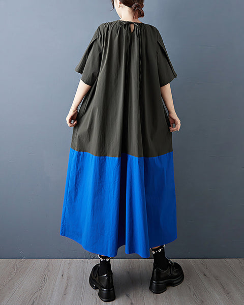 ellazhu Women's Dress Short Puffed Sleeve Patchwork Crewneck Two Side Pockets Tie-Neck Pus Size Casual Fashion Loose GZ595