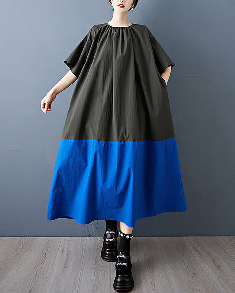 ellazhu Women's Dress Short Puffed Sleeve Patchwork Crewneck Two Side Pockets Tie-Neck Pus Size Casual Fashion Loose GZ595