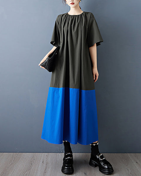 ellazhu Women's Dress Short Puffed Sleeve Patchwork Crewneck Two Side Pockets Tie-Neck Pus Size Casual Fashion Loose GZ595