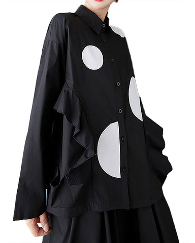 ellazhu Women's Shirt Lapel Long Sleeve Button Down Solid Polk Dot Plus Size Casual Fashion Loose GZ596 Black