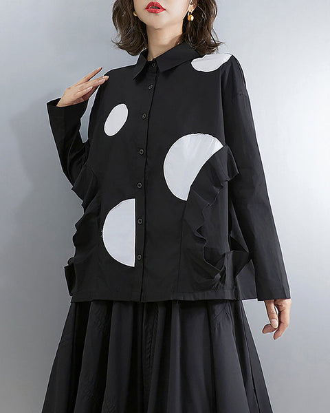 ellazhu Women's Shirt Lapel Long Sleeve Button Down Solid Polk Dot Plus Size Casual Fashion Loose GZ596 Black