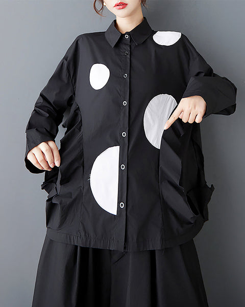 ellazhu Women's Shirt Lapel Long Sleeve Button Down Solid Polk Dot Plus Size Casual Fashion Loose GZ596 Black
