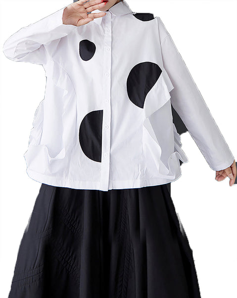 ellazhu Women's Shirt Lapel Long Sleeve Button Down Solid Polk Dot Plus Size Casual Fashion Loose GZ596 Black