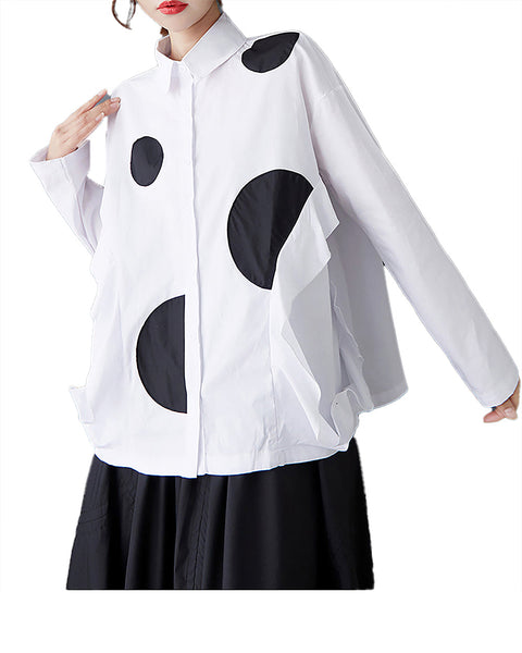 ellazhu Women's Shirt Lapel Long Sleeve Button Down Solid Polk Dot Plus Size Casual Fashion Loose GZ596 Black
