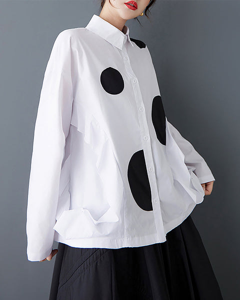 ellazhu Women's Shirt Lapel Long Sleeve Button Down Solid Polk Dot Plus Size Casual Fashion Loose GZ596 Black