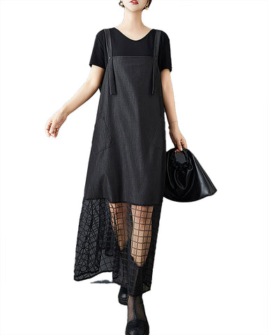ellazhu Women's Dress Solid Adjustable Suspenders Mesh See Through Hem Overall Dress Plus Size Casual Fashion Loose Maxi GZ597 Black