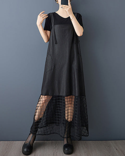 ellazhu Women's Dress Solid Adjustable Suspenders Mesh See Through Hem Overall Dress Plus Size Casual Fashion Loose Maxi GZ597 Black