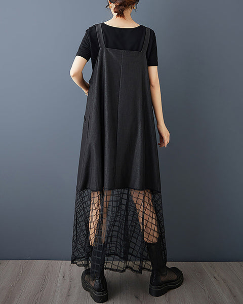 ellazhu Women's Dress Solid Adjustable Suspenders Mesh See Through Hem Overall Dress Plus Size Casual Fashion Loose Maxi GZ597 Black