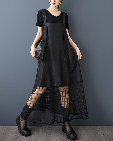 ellazhu Women's Dress Solid Adjustable Suspenders Mesh See Through Hem Overall Dress Plus Size Casual Fashion Loose Maxi GZ597 Black