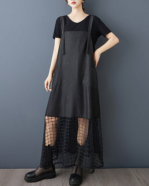 ellazhu Women's Dress Solid Adjustable Suspenders Mesh See Through Hem Overall Dress Plus Size Casual Fashion Loose Maxi GZ597 Black