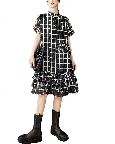 ellazhu Women's Dress Plaid Short Sleeve Ruffle Hem Button Down Scoop Neck Plus Size Fashion Casual Loose GZ598 Plaid