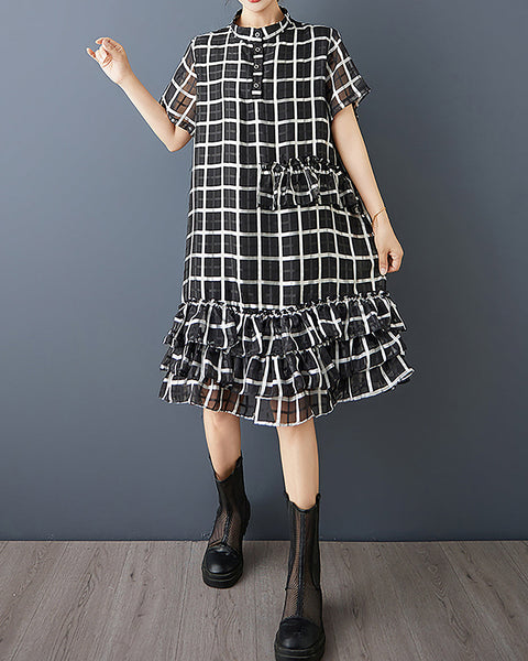 ellazhu Women's Dress Plaid Short Sleeve Ruffle Hem Button Down Scoop Neck Plus Size Fashion Casual Loose GZ598 Plaid