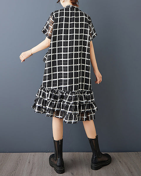 ellazhu Women's Dress Plaid Short Sleeve Ruffle Hem Button Down Scoop Neck Plus Size Fashion Casual Loose GZ598 Plaid
