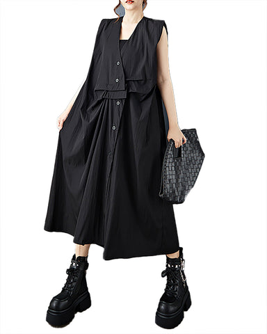 ellazhu Women's Dress Solid V-Neck Button Down Sleeveless Side Pocket Casual Fashion Loose Plus Size GZ600 Black
