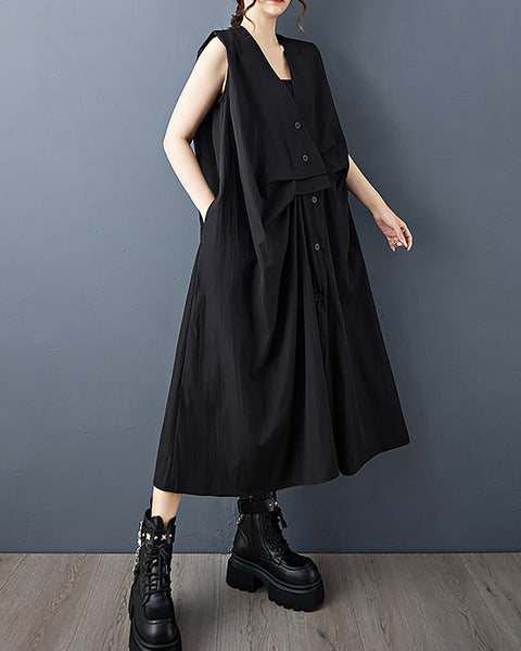 ellazhu Women's Dress Solid V-Neck Button Down Sleeveless Side Pocket Casual Fashion Loose Plus Size GZ600 Black