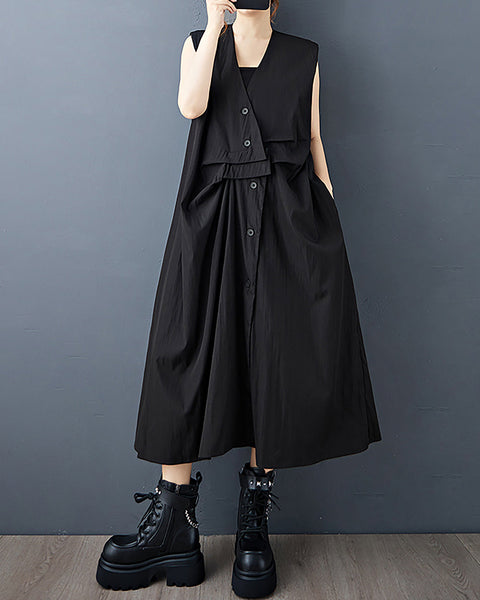 ellazhu Women's Dress Solid V-Neck Button Down Sleeveless Side Pocket Casual Fashion Loose Plus Size GZ600 Black