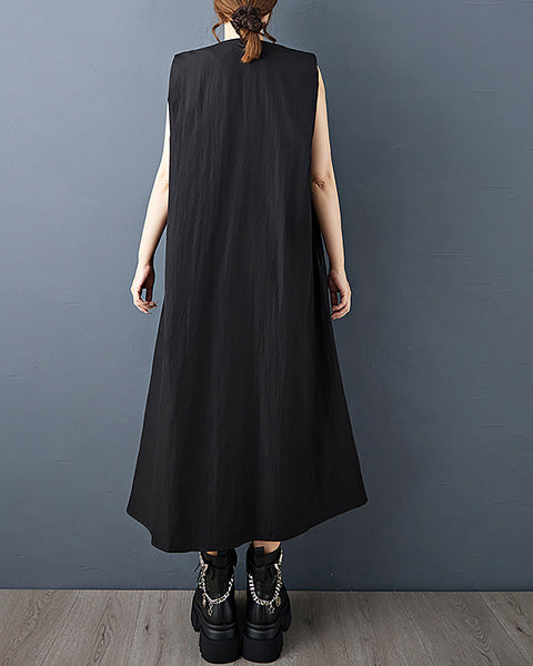 ellazhu Women's Dress Solid V-Neck Button Down Sleeveless Side Pocket Casual Fashion Loose Plus Size GZ600 Black