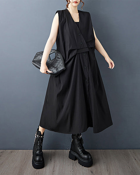 ellazhu Women's Dress Solid V-Neck Button Down Sleeveless Side Pocket Casual Fashion Loose Plus Size GZ600 Black