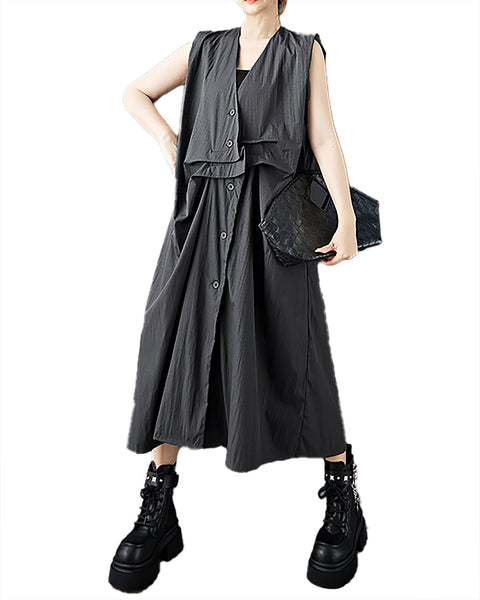 ellazhu Women's Dress Solid V-Neck Button Down Sleeveless Side Pocket Casual Fashion Loose Plus Size GZ600 Black