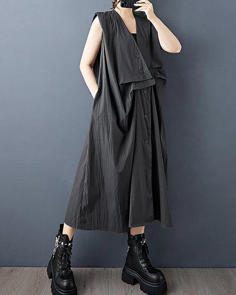 ellazhu Women's Dress Solid V-Neck Button Down Sleeveless Side Pocket Casual Fashion Loose Plus Size GZ600 Black